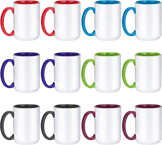 TANGLONG Sublimation Mugs 15 oz Sublimation Cups Bulk Coffee Mugs Tazas Para Sublimar 6 Assorted Colors Set of 12