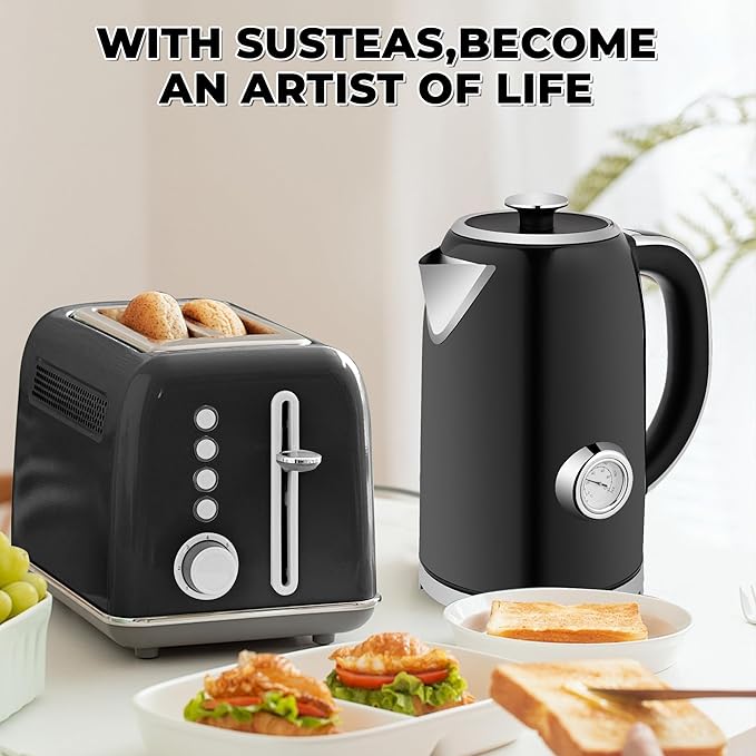 SUSTEAS Electric Kettle Temperature Control - 57oz Hot Water Boiler with Thermometer, 1500W Fast Heating Stainless Steel Tea Kettles, Cordless LED Indicator, Auto Shut-Off & Boil Dry Protection,Black