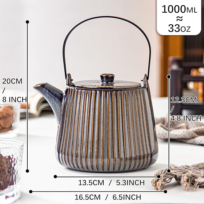 Yundu Brown Ceramic Teapots, 1000ml/33.8oz Tea Kettle, Enough for 4 Cups, Tea pot with infusers for loose tea, Striped Tea Pot with Removable Tea infuser