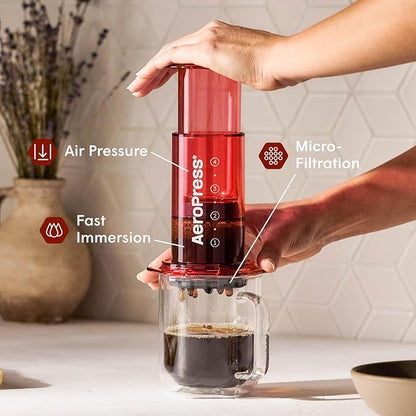 AeroPress Clear Red Coffee Press – 3 In 1 Brew Method Combines French Press, Pourover, Espresso, Full Bodied Coffee Without Grit or Bitterness, Small Portable Coffee Maker for Camping & Travel, Red