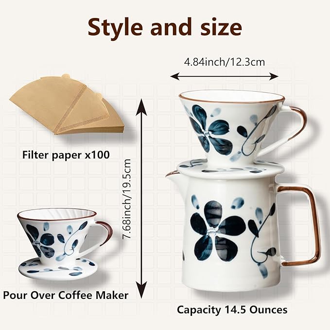 Pour Over Coffee Maker Set, 60 Angle ceramic Pour Over Coffee Maker Dripper Filter & Decanter for 1-4 People, Ceramic Coffee Dripper Set with 100 Count Paper Coffee Filters(Coffee Filter +Kettle)