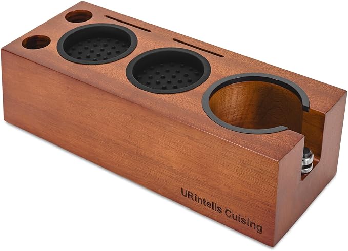 Espresso Tamping Station 8 in 1 Red Rosewood Multifunctional Coffee Organizer with Stainless Steel Drawer Fits 51, 54, 58mm Espresso Tamper, Portafilter, Distributor & Puck Screen Espresso Accessories