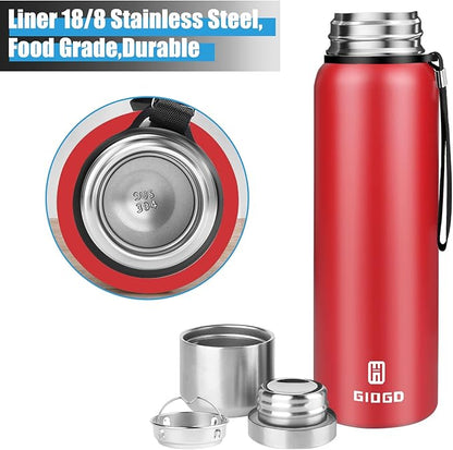 Insulated vacuum Thermo Bottle 1500ml/50.7oz with cup Stainless steel coffee bottles for hot and cold drink water flask.(Red,1500ml)