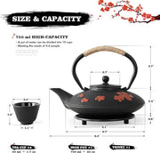 Japanese Style Cast Iron Teapot with 4 Tea Cups Trivet Tetsubin StovetopTea Kettle with Infuser Chinese Iron Tea Pot Tea Set for Adults Black (Pear Flower Pattern)