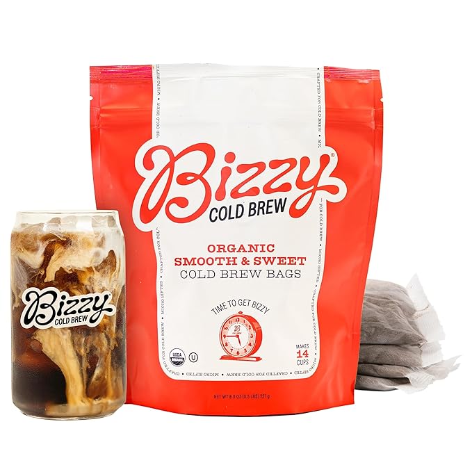 Bizzy Organic Cold Brew Coffee | Smooth & Sweet Blend | Coarse Ground Coffee | Medium Roast | Micro Sifted | Specialty Grade | 100% Arabica | Brew Bags | 4 Count | Makes 14 Cups