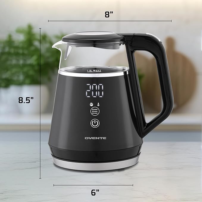 OVENTE Electric Kettle with 5 Temperature Control Presets, LED Digital Display, 5Hr Keep Warm Function, Auto Shut-Off and Boil Dry Protection, 1500W BPA Free Glass Water Heater and Boiler, Black KD95B