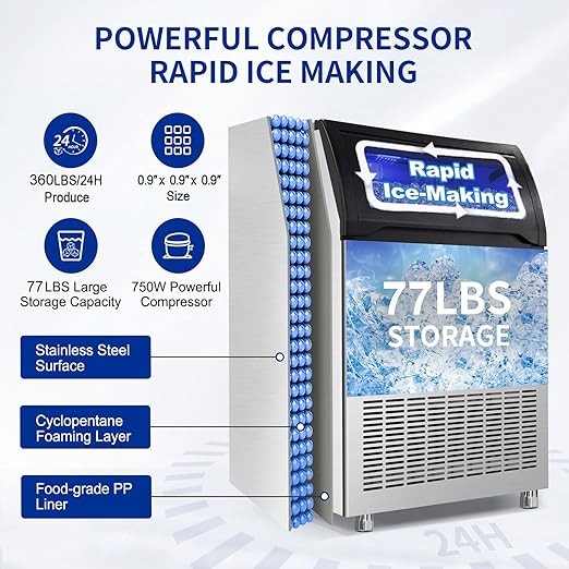 Commercial Ice Maker Machine 360LBS/24H with 77LBS Large Ice Storage Bin, 126Pcs Clear Ice Cubes in 8-15Mins, Stainless Steel Under Counter Industrial Ice Machine for Bar, Restaurant Business