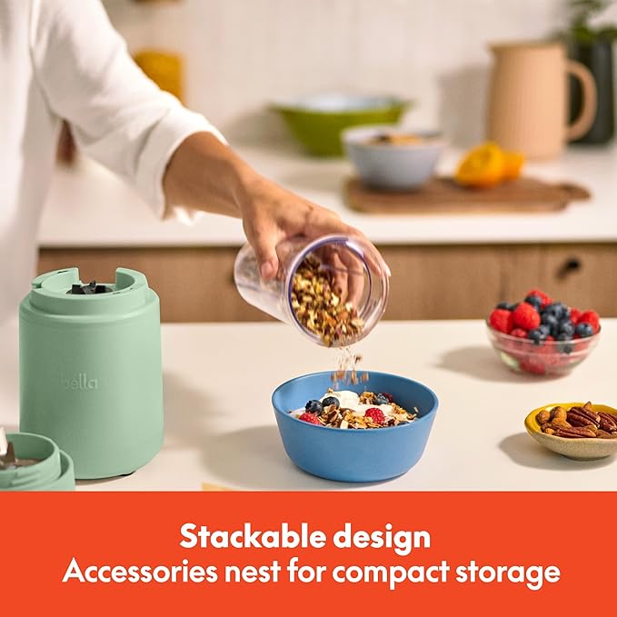 bella 6 Pcs Portable Rocket Blender, Juicer & Smoothie Maker, Press & Twist Design, EverGood™ & BPA Free Dishwasher Safe Parts, 4 Tip Stainless Steel Blade, Cord Wrap, 240 Watt Motor, Seaglass