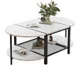 Load image into Gallery viewer, SENIG Oval Coffee Table with Faux Marble Top, 2-Tier Storage Shelf and Metal Frame, Living Room Center Table Modern, White Marble Finish