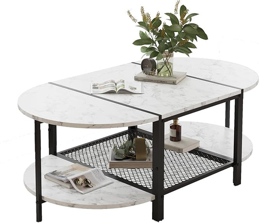 SENIG Oval Coffee Table with Faux Marble Top, 2-Tier Storage Shelf and Metal Frame, Living Room Center Table Modern, White Marble Finish