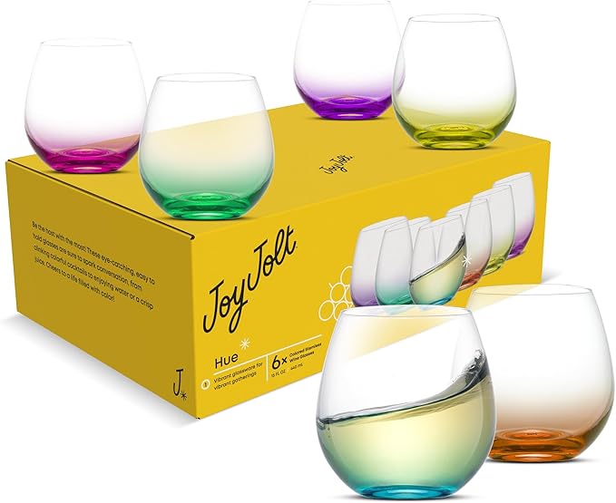 JoyJolt Hue Stemless Wine Glass Set, Large 15 oz Stemless Wine Glasses Set of 6 for White Red or Water, Short Glass Tumblers, No Stem Margarita Glasses, Colored Tumbler
