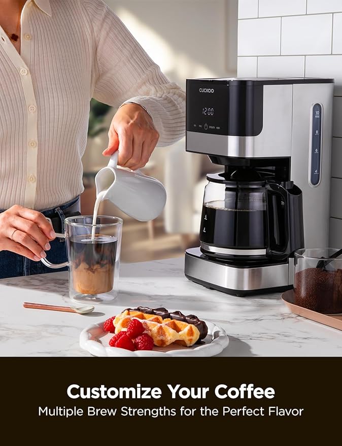 CUCKOO Classic 10-Cup Drip Coffee Maker, Easy To Use Coffee Machine with Programmable Timer, Includes Glass Coffee Pot with Two Brew Strength Settings and Reusable Mesh Filter (CCM-BD011B)