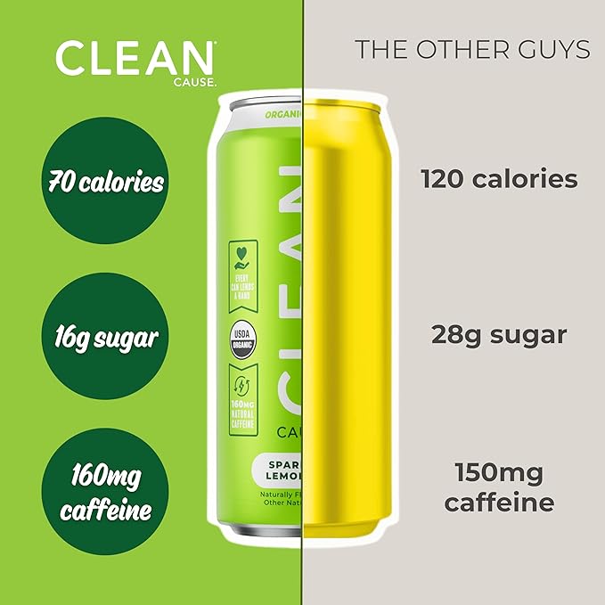 CLEAN Cause Low Calorie Lemon Lime USDA Organic Sparkling Yerba Mate Tea (16oz cans, 12-Pack Case) Low Sugar, 160mg Caffeine, Healthy Alternative to Soda & Energy Drinks.
