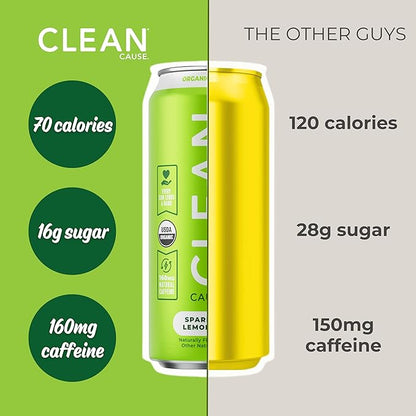 CLEAN Cause Low Calorie Lemon Lime USDA Organic Sparkling Yerba Mate Tea (16oz cans, 12-Pack Case) Low Sugar, 160mg Caffeine, Healthy Alternative to Soda & Energy Drinks.