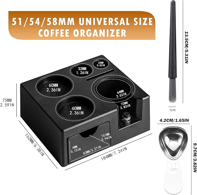 Espresso tamping station,7in1 Espresso Organizer Box Fit for 51,54,58MM Espresso Tamper,Distributor,Portafilter & Puck Screen Accessories,Espresso Station Base,Bring a coffee scoop and coffee brush