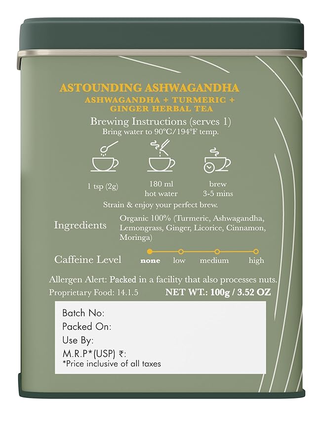 Luxmi Estates - Astounding Ashwagandha - Organic Loose Leaf Tea - 100g (50 Cups) | With Ashwagandha, Turmeric, Ginger, Lemongrass & More | Perfect Stress Relief Tea