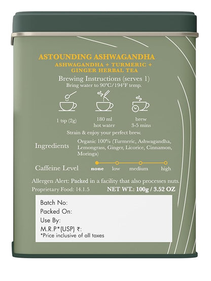 Luxmi Estates - Astounding Ashwagandha - Organic Loose Leaf Tea - 100g (50 Cups) | With Ashwagandha, Turmeric, Ginger, Lemongrass & More | Perfect Stress Relief Tea