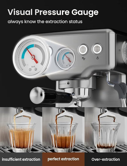 Neretva Espresso Machine, 15 Bar Espresso Coffee Machine with Visible Pressure Guage Professional Espresso Maker with Milk Frother & Stainless Steel for Home Barista Latte and Cappuccino Maker-Silver