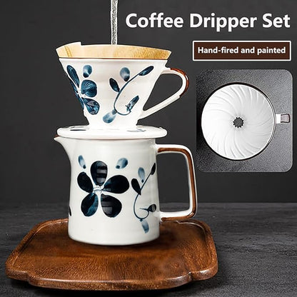 Pour Over Coffee Maker Set, 60 Angle ceramic Pour Over Coffee Maker Dripper Filter & Decanter for 1-4 People, Ceramic Coffee Dripper Set with 100 Count Paper Coffee Filters(Coffee Filter +Kettle)