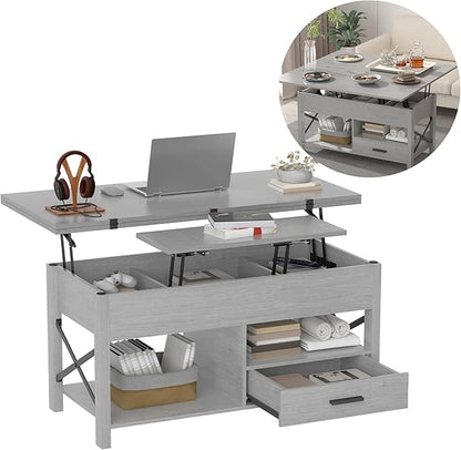 Lift Top Coffee Table with Storage, Convertible Coffee Table Converts to Dining Table, Center Table with Drawer and Hidden Compartment, Farmhouse Coffee Tables with Lifting Top for Living Room, Grey