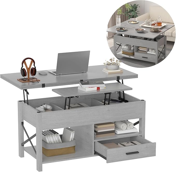 Lift Top Coffee Table with Storage, Convertible Coffee Table Converts to Dining Table, Center Table with Drawer and Hidden Compartment, Farmhouse Coffee Tables with Lifting Top for Living Room, Grey