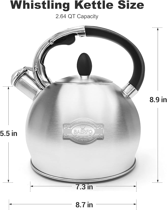 Stainless Steel Whistling stovetop Kettle,Whistling Tea Kettle,Vintage-StyleTeapot for Stove,Durable and Rust-Resistant,With a Pot Holder Included,2.64 Quart(Brushed Style)