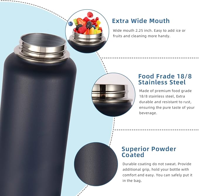Volhoply 32 oz Insulated Water Bottle with Straw Lid and Spout Lid,Stainless Steel Sports Water Bottle,Double Wall Vacuum Cups,Leakproof Metal Flask with Wide Mouth for Hiking,Camping(Navy,1)