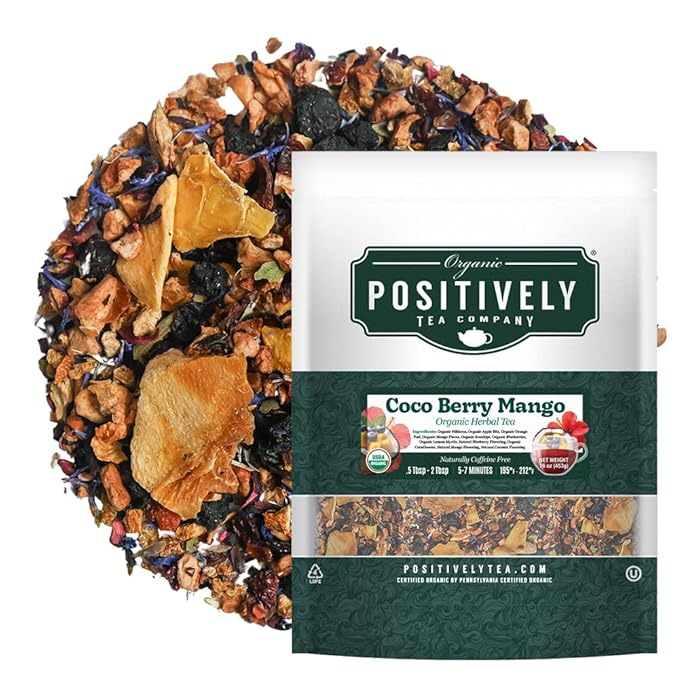 Organic Positively Tea Company, Coco Berry Mango, Herbal Tea, Loose Leaf, 16 Ounce
