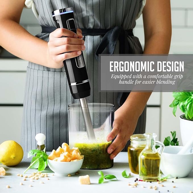 OVENTE Cordless Immersion Hand Blender, Rechargeable Handheld Portable Stick Mixer with 8 Mixing Speed Option, One-Touch Control and Stainless Steel Blades for Smoothies, Shakes or Soups, Black HR781B