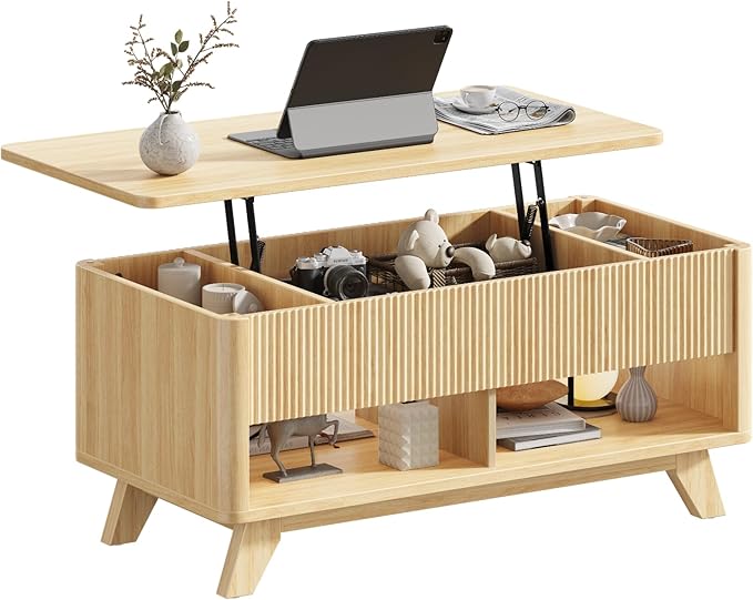 Farmhouse Lift Top Coffee Table, Mid Century Modern Coffee Table with Hidden Storage Compartment, Fluted Rising Pull up Wood Modern Center for Living Room, Office, Natural Oak