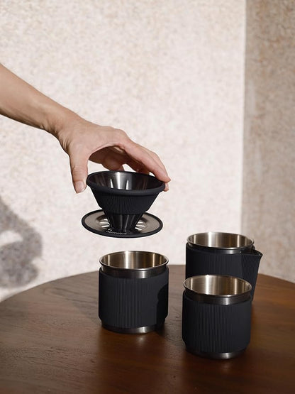 Normcore Travel Pour Over Set, Portable Pour Over Coffee Maker Set, Single Cup Travel Coffee Dripper, Use V60 and Wave Filter Paper Coffee Maker, 304 Stainless Steel, Matte Black Coating