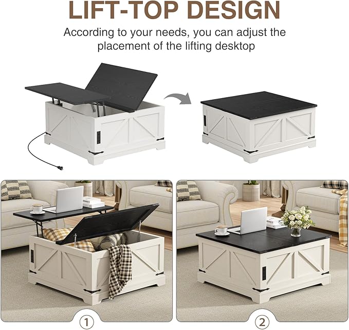 Coffee Table with Storage, 31.5" W Farmhouse Lift Top Wood Square Center Table with Charging Station, Rustic Cocktail Tables with Flip Top Lids for Living Room, Home Office, Modern Black