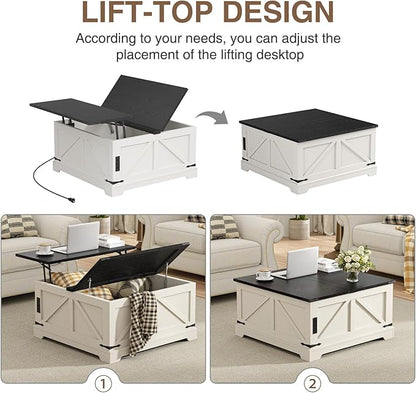 Coffee Table with Storage, 31.5" W Farmhouse Lift Top Wood Square Center Table with Charging Station, Rustic Cocktail Tables with Flip Top Lids for Living Room, Home Office, Modern Black