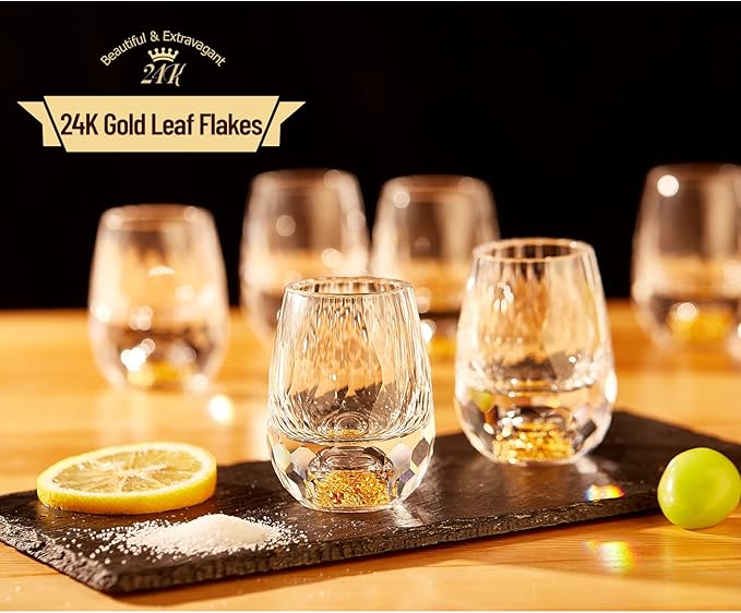 DUJUST Diamond Shot Glasses (1.5oz), Crystal Shot Glass Set Decorated with 24K Gold Leaf Flakes, Luxury & Cute Shot Cups, BPA-Free & Lead-Free, Perfect for Décor & Collection, Gift Choice - 6 pcs