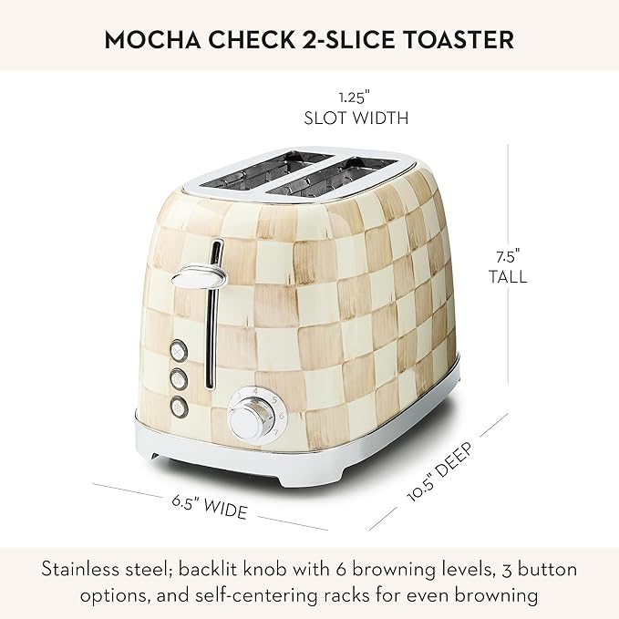 MACKENZIE-CHILDS 2-Slice Toaster, Decorative Toaster for Kitchen, Brown-and-White Mocha Check