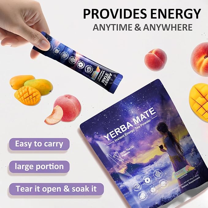 Mosslly Yerba Mate Instant Tea Powder, Concentration, Gut Health, Metabolism, Loaded with Prebiotics & Probiotics, Natural Caffeine, No Sugar Peach Mango Flavor, 30 Servings