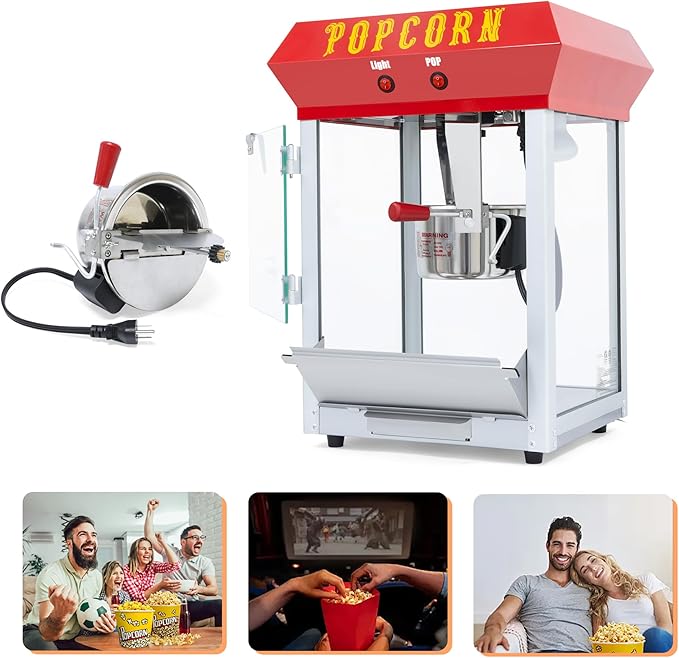 6OZ Popcorn Machine 丨 Stainless Steel Kettle Popcorn Maker for Home, Theater, Parties丨Grade Electric Popper, Red