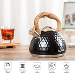 Load image into Gallery viewer, Tea Kettle, Toptier Teapot Whistling Kettle with Wood Pattern Handle Loud Whistle, Food Grade Stainless Steel Tea Pot for Stovetops Induction Diamond Design Water Kettle, 2.7-Quart Black