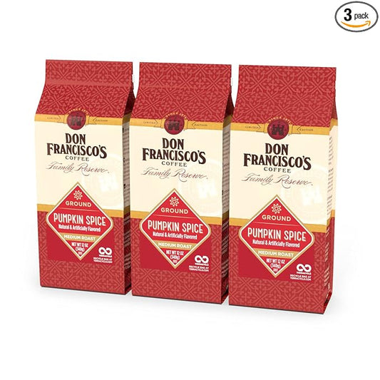 Don Francisco's Premium Pumpkin Spice Flavored Ground Coffee: 100% Arabica Beans, Rich Aroma, Perfect for Drip, Pour-Over, and French Press (3 X 12 oz Bag)