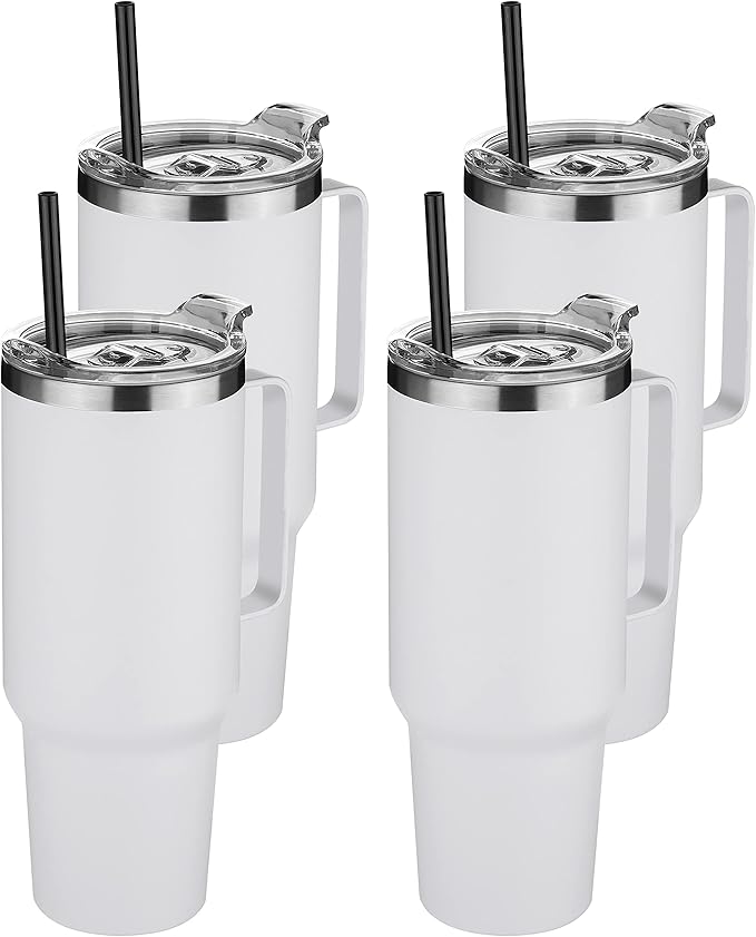 HASLE OUTFITTERS 40 oz Stainless Steel Tumbler with Handle, Vacuum Insulated Tumblers Bulk, Reusable Double Wall Travel Coffee Mug, Durable Powder Coated Water Bottles(White, 4)