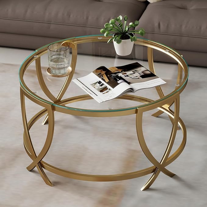 ASYA Round Coffee Table for Living Room, Gold Coffee Table with Tempered Glass & Metal Frame, Modern Glass Living Table for Home&Office