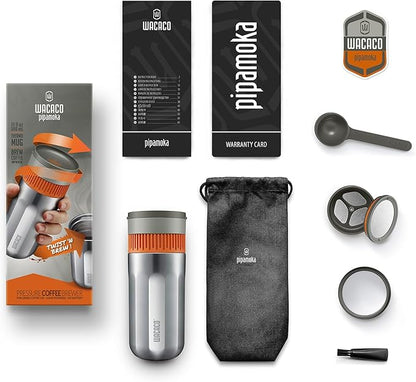 WACACO Pipamoka Portable Coffee Maker, Coffee brewer, All-in-one Vacuum Pressured，Insulated Travel Mug, Hand Powered and Filter Pressure Brewer, Stainless Steel Thermo Cup, 10 fl oz