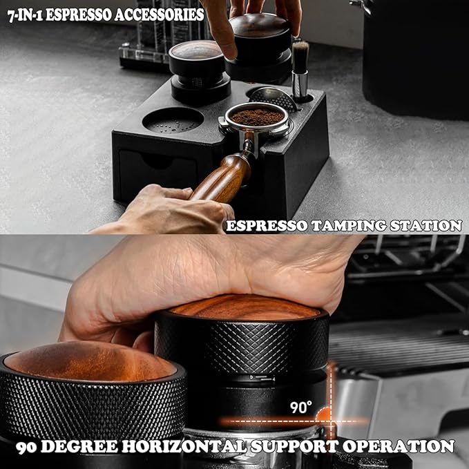 Espresso tamping station,7in1 Espresso Organizer Box Fit for 51,54,58MM Espresso Tamper,Distributor,Portafilter & Puck Screen Accessories,Espresso Station Base,Bring a coffee scoop and coffee brush