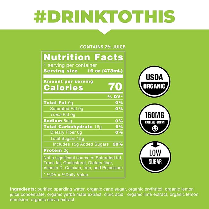 CLEAN Cause Low Calorie Lemon Lime USDA Organic Sparkling Yerba Mate Tea (16oz cans, 12-Pack Case) Low Sugar, 160mg Caffeine, Healthy Alternative to Soda & Energy Drinks.