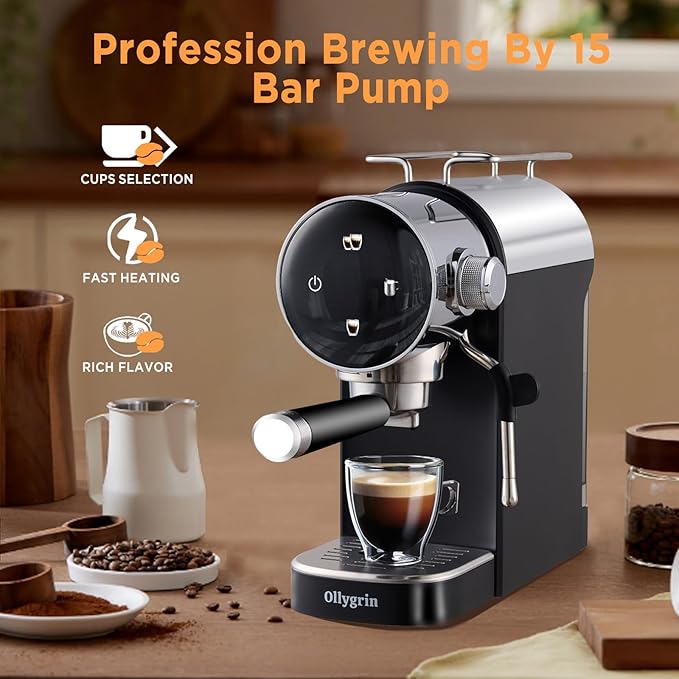 Espresso Machine,15 Bar Semi-Automatic Espresso Maker with Milk Frother,Touch Screen Black Stainless Steel Coffee Machine with 40oz Removable Water Tank,Cappuccino,Latte,Americano for Home