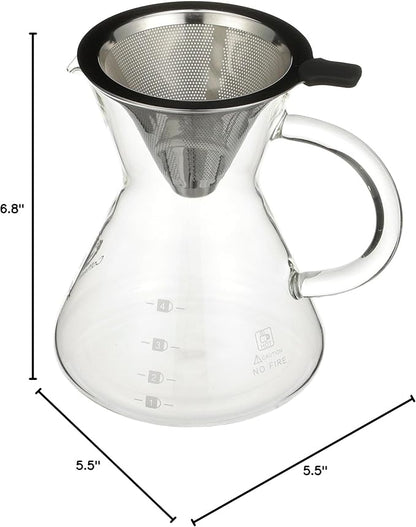 Coffee Gator Pour Over Coffee Maker - 14oz High Heat Borosilicate Glass with Reusable Stainless Steel Filter, Drip Coffee Brewer Pourover Dripper Set Carafe, 400ml Clear