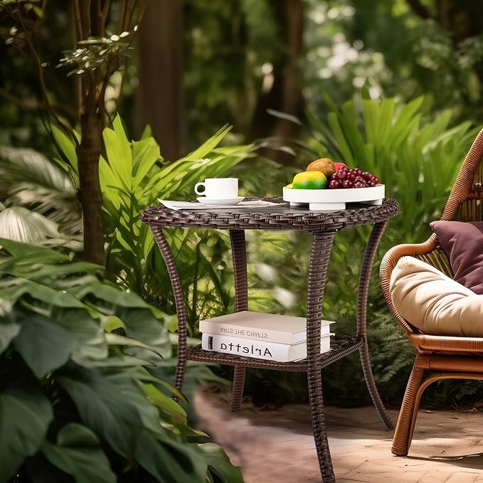 Outdoor Side Table Patio Wicker Coffee Table Outdoor End Table Rattan Bistro Table with Storage & Poly Lumber Table Top Square for Outside Balcony Porch Backyard Deck Brown