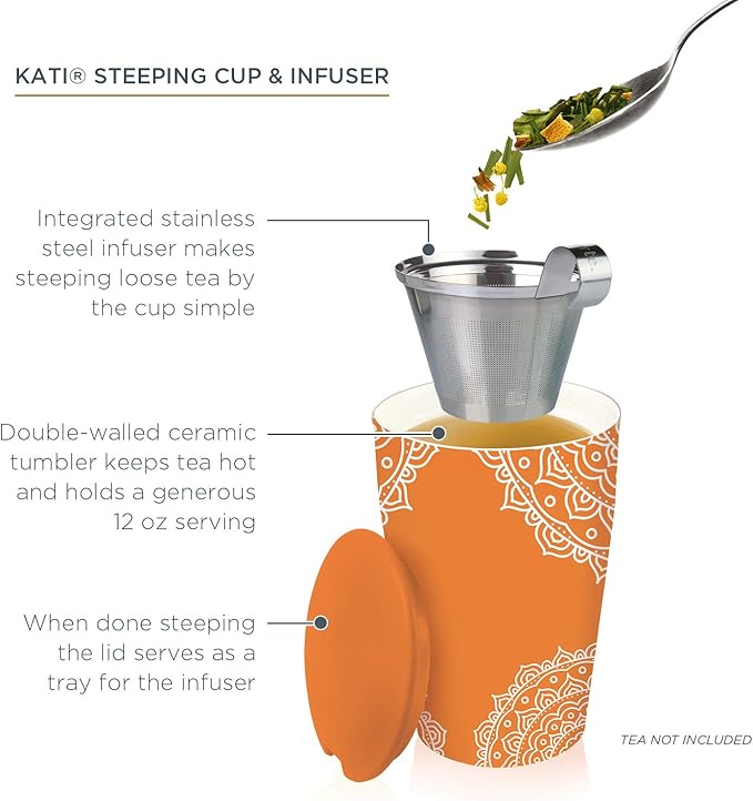 Tea Forte Chakra Double-Walled Ceramic Kati Cup with Removable Stainless Steel Infuser Basket and Lid, Steeps 12 oz Loose Leaf Tea, Lid and Cup Dishwasher & Microwave Safe