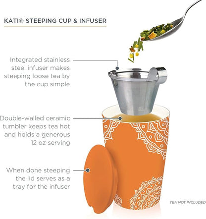 Tea Forte Chakra Double-Walled Ceramic Kati Cup with Removable Stainless Steel Infuser Basket and Lid, Steeps 12 oz Loose Leaf Tea, Lid and Cup Dishwasher & Microwave Safe