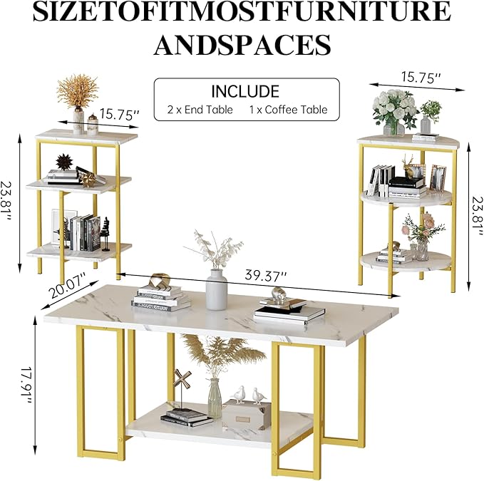 Lamerge Coffee Table Set of 3,Rectangle Coffee Table&2 Accent Table,Faux Marble Tabletop,3 Piece Living Room Table Sets with Multi Tier Storage, for Small Space, Apartment,White & Gold (LCTS-wg)